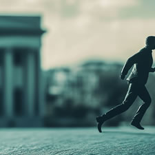 Illustration of a real estate appraiser running away and avoiding court. A concept for real estate appraisals